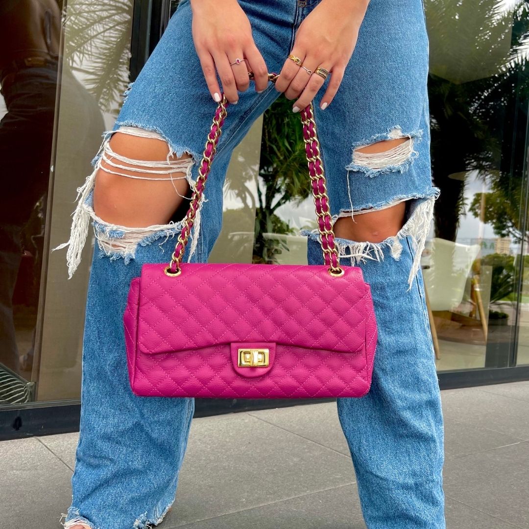 BOLSA KYM DE COURO LEGÍTIMO LILÁS TAMANHO G