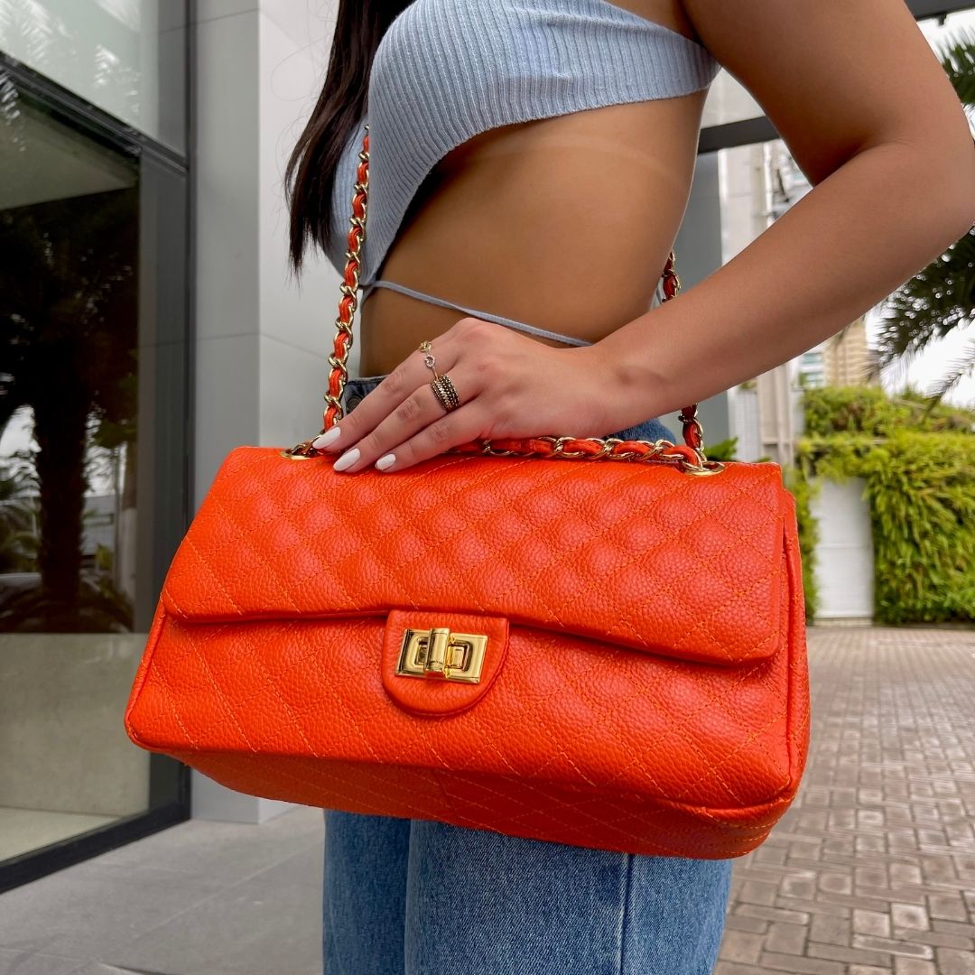 BOLSA KYM DE COURO LEGÍTIMO LARANJA  TAMANHO G
