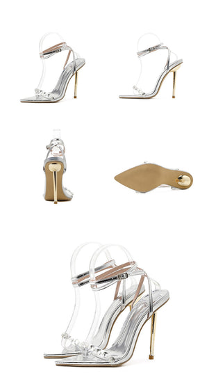 SANDÁLIA SALTO DOURADO COM APLICAÇÕES PRATA