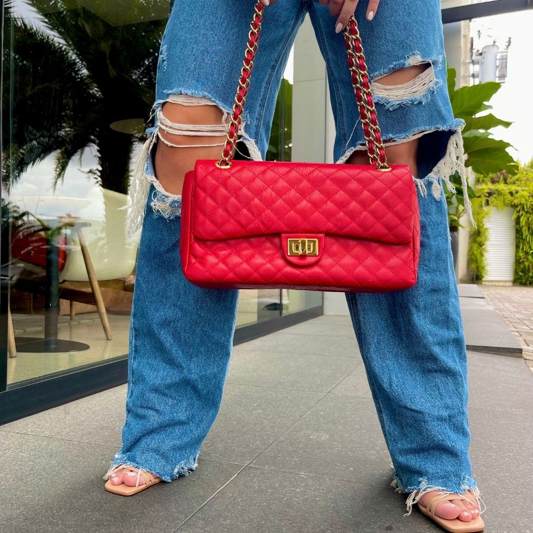 BOLSA KYM DE COURO LEGÍTIMO VERMELHA TAMANHO G