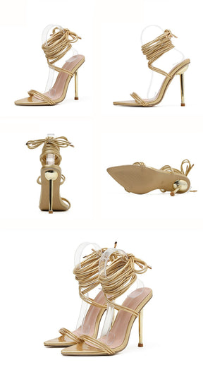 SANDÁLIA  SARA SALTO FINO DE AMARRAÇÃO DOURADA