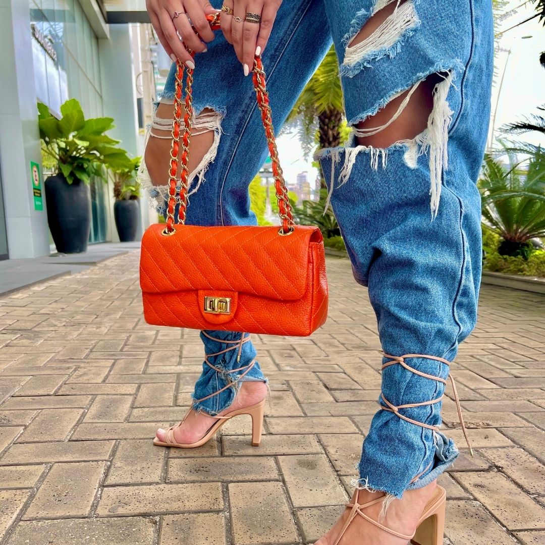 BOLSA KYM DE COURO LEGÍTIMO LARANJA TAMANHO M