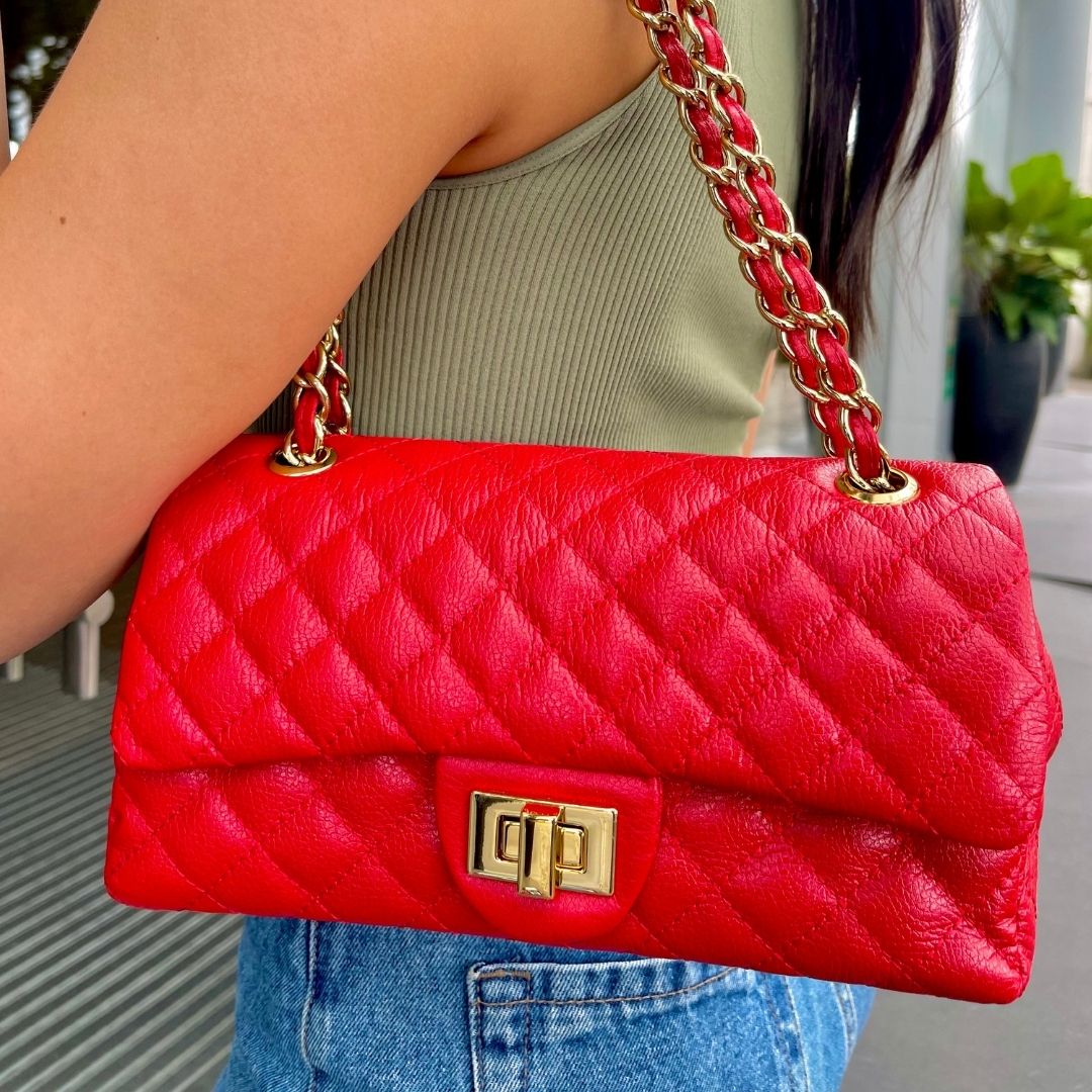 BOLSA KYM DE COURO LEGÍTIMO VERMELHA TAMANHO M