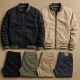 Kit 4 Calças Masculina em Sarja + 2 Jaquetas Premium Reversível Bege/Preta. Brinde Carteira + Relógio Exclusivo até Dia dos Pais