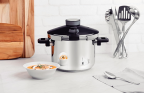 Panela de Pressão Inox à Prova de Explosões + BRINDE (Jogo 9 Potes Herméticos com Tampa de Bambu)