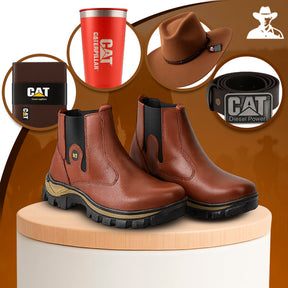 Kit Bota Masculina Adventure em Couro Legítimo e Palmilha Ortopédica +BRINDES: Chapéu, Cinto, Carteira e Copo