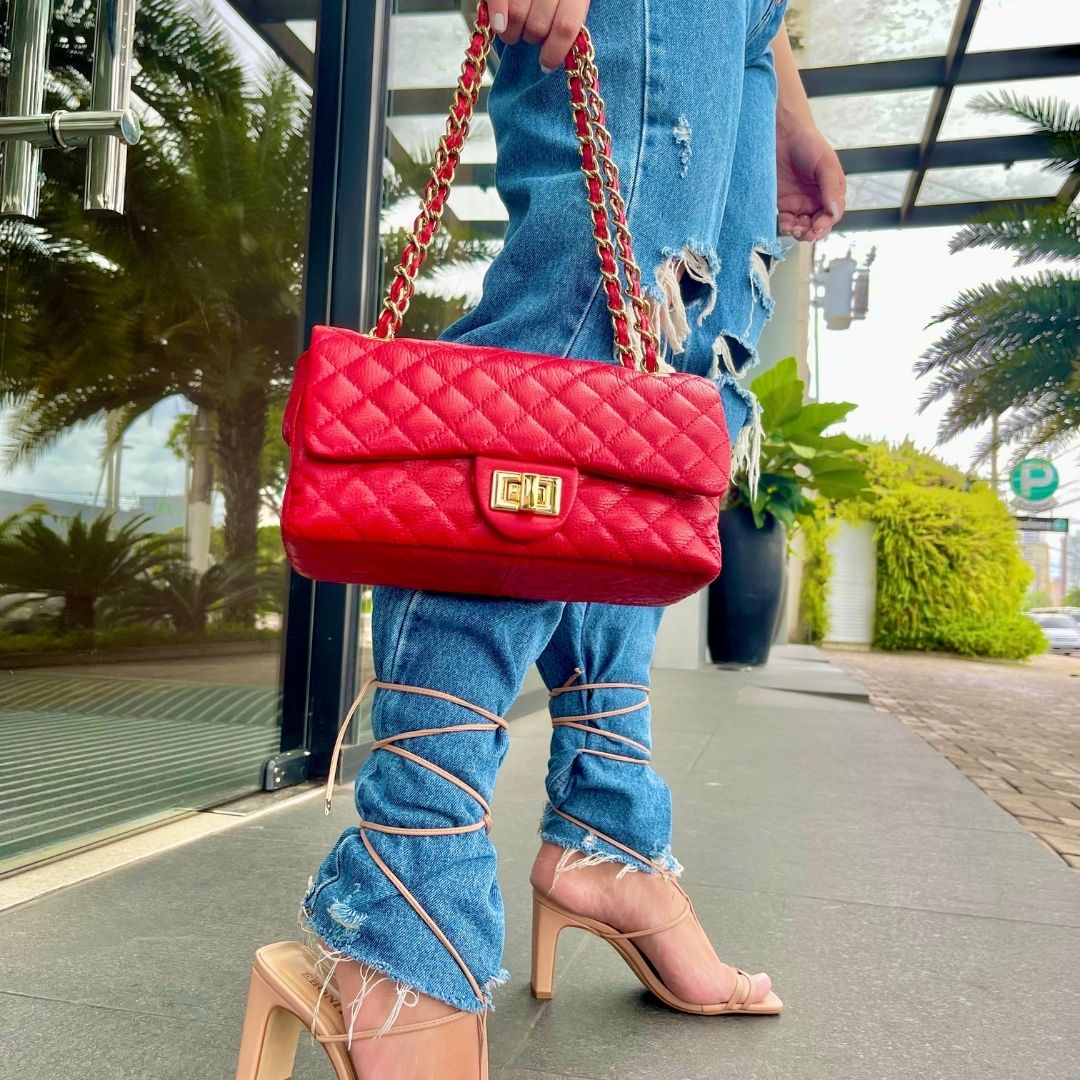 BOLSA KYM DE COURO LEGÍTIMO VERMELHA TAMANHO M