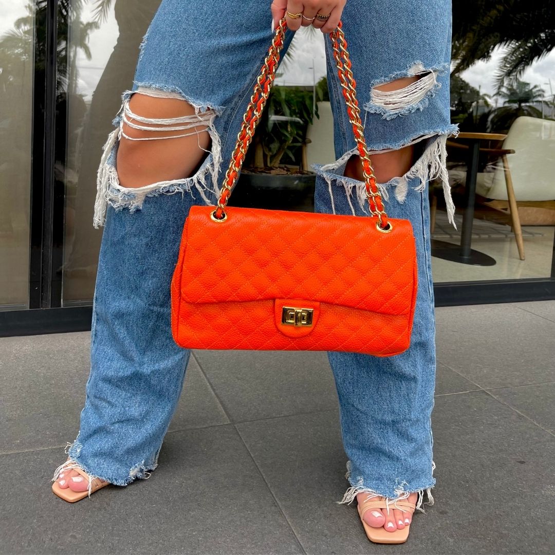 BOLSA KYM DE COURO LEGÍTIMO LARANJA  TAMANHO G