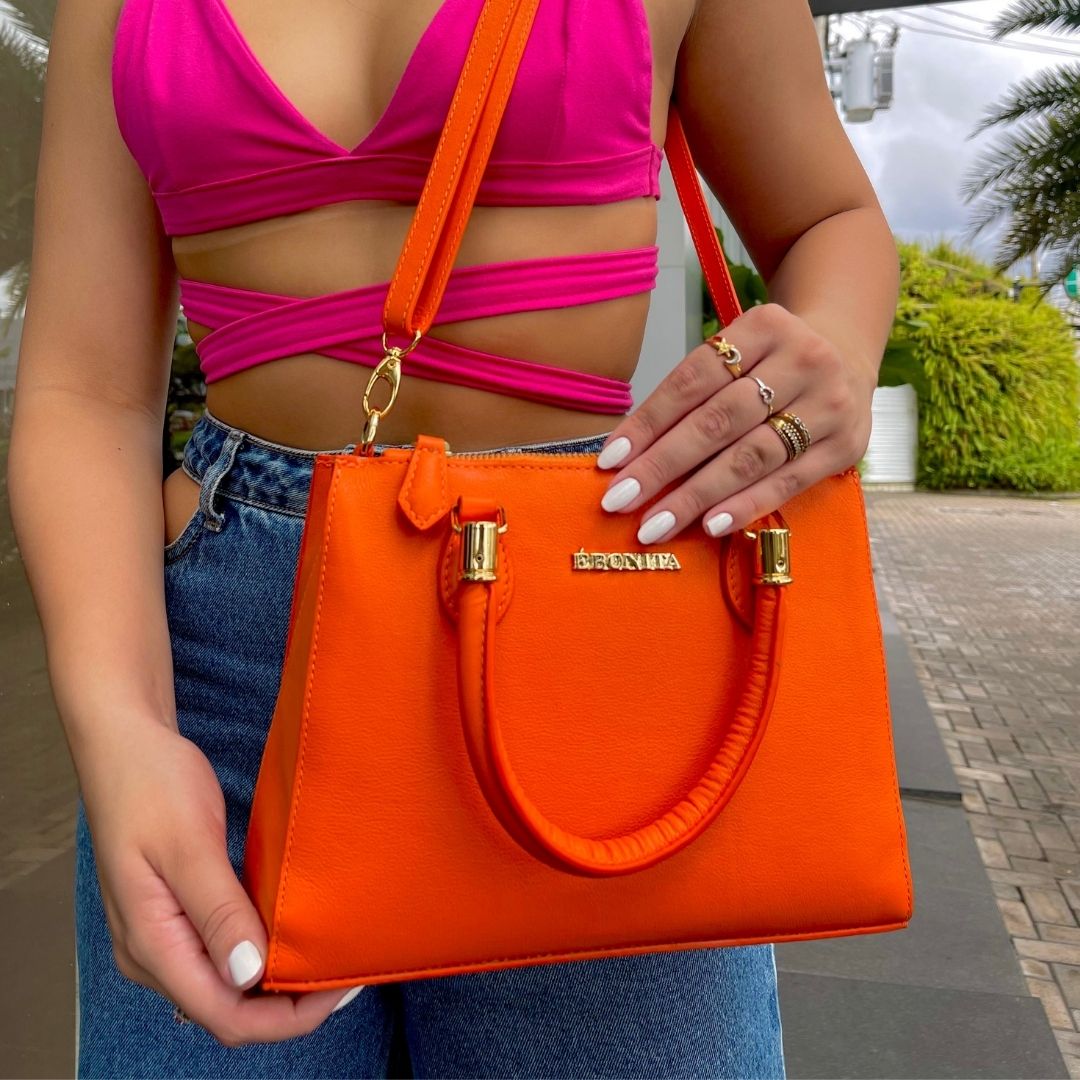 BOLSA LOLLA COURO LEGÍTIMO LARANJA TAMANHO G