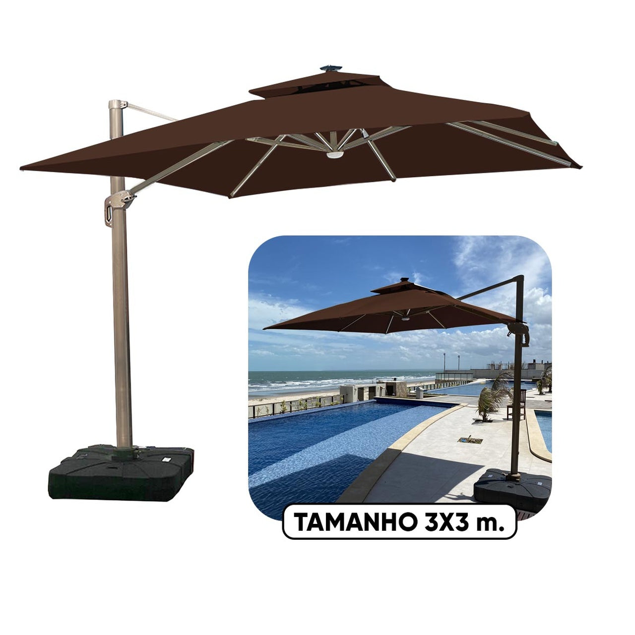 Ombrelone Guarda Sol Gold Led Alumínio 3,0 x 3,0 C/ Base em 100 L